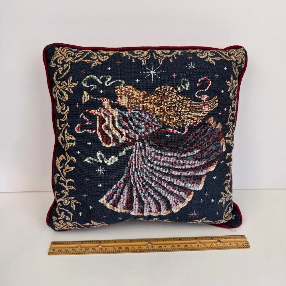 Vtg Woven Tapestry Throw Pillow Winged Angel Playing Trumpet Red Back Christmas